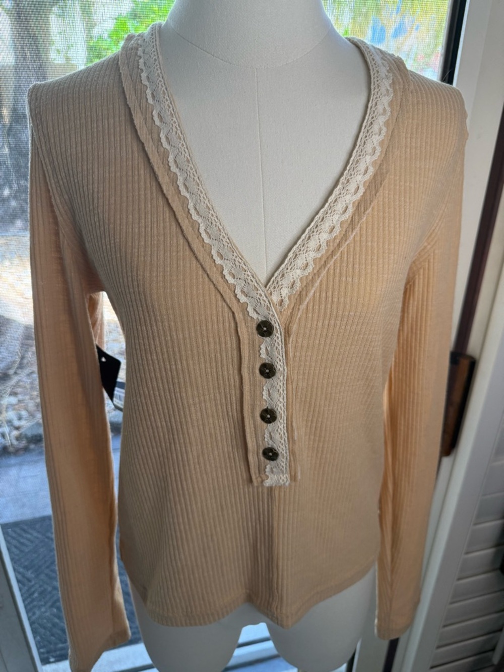 POL Long Sleeve Ribbed Henley Top with Lace Trim - Beige NWOT